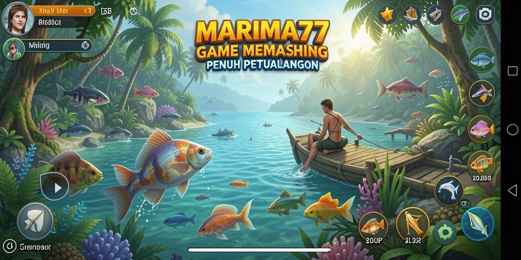 Layar utama MARIMA77 menampilkan pemain yang sedang memancing di danau yang indah.