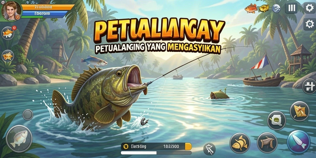 Screenshot utama PPRRYY menampilkan momen menangkap ikan di danau yang indah.
